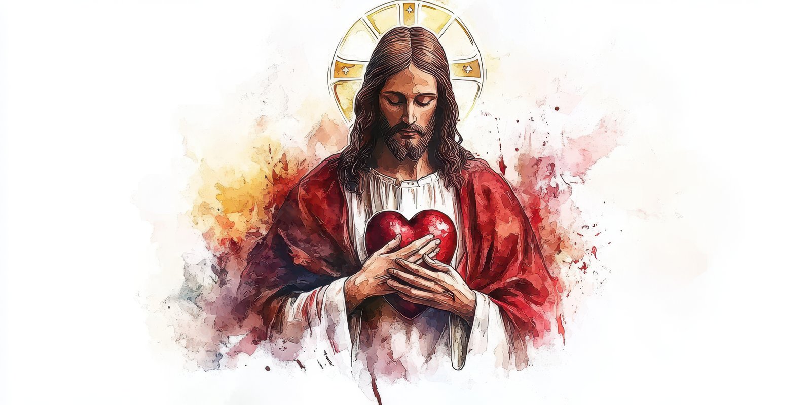 Jesus holding a heart in a thoughtful pose with a radiant halo during a serene moment of reflection